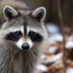 Close up of a raccoon standing among trees with patches of snow on the ground