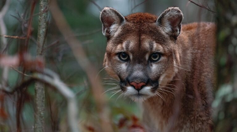 Close up of a cougar standing among trees in a wooded area