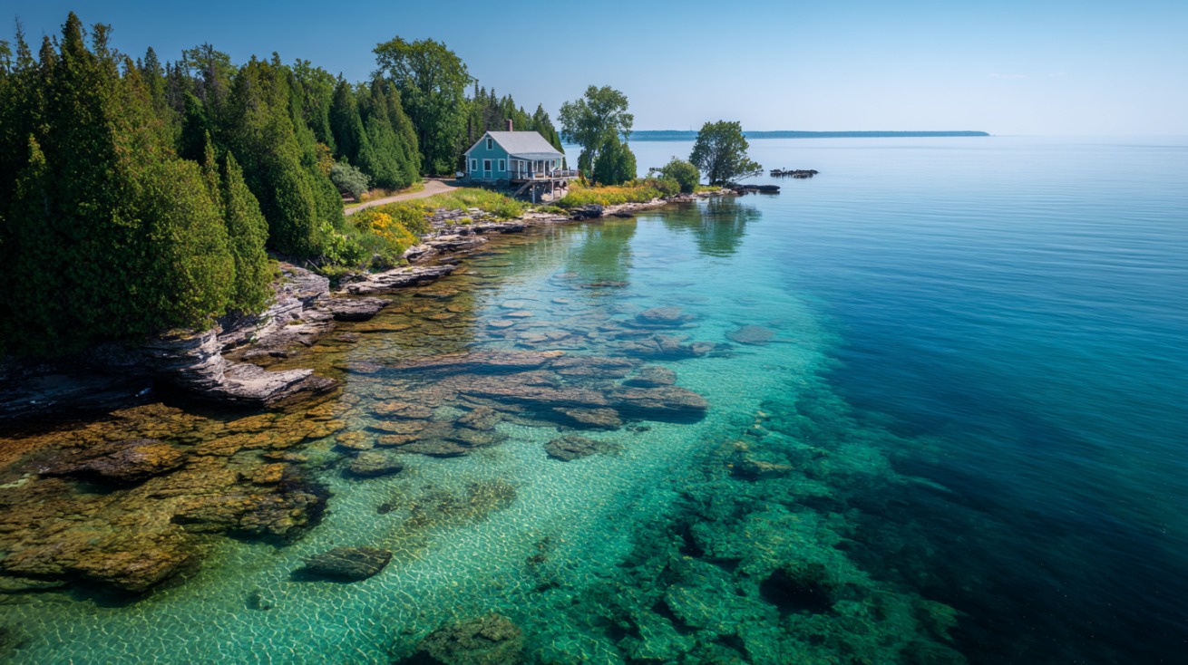 Lakeside cottage overlooking clear turquoise water with rocky shoreline and evergreen trees
