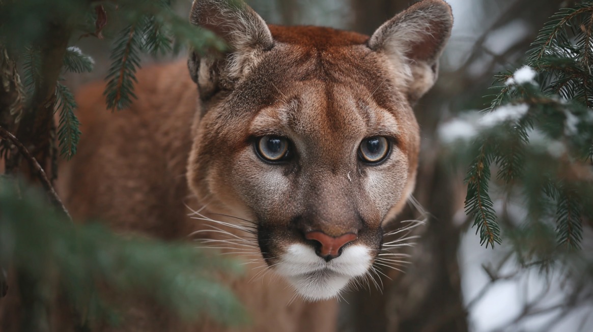 Close up of a cougar among evergreen branches with snow nearby