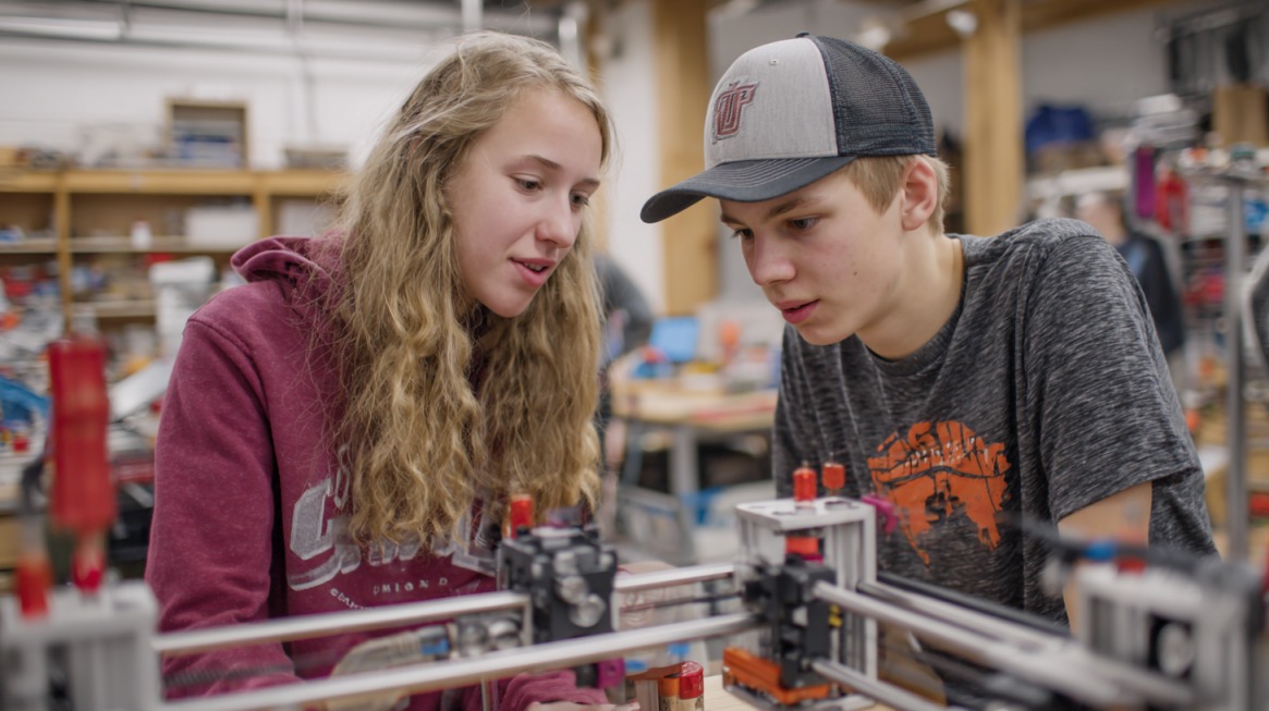 Two students working together on a mechanical or fabrication project in a workshop