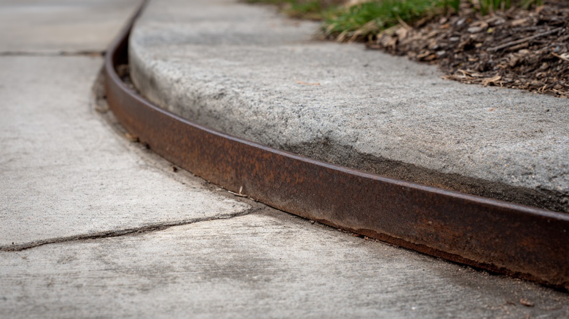 Close-up of a curved concrete curb bordered by a rusted steel edging strip along a sidewalk