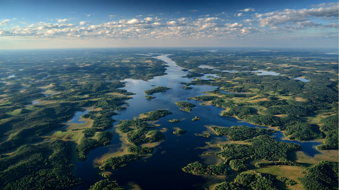 Aerial view of lakes, rivers, and forested wetlands across a landscape