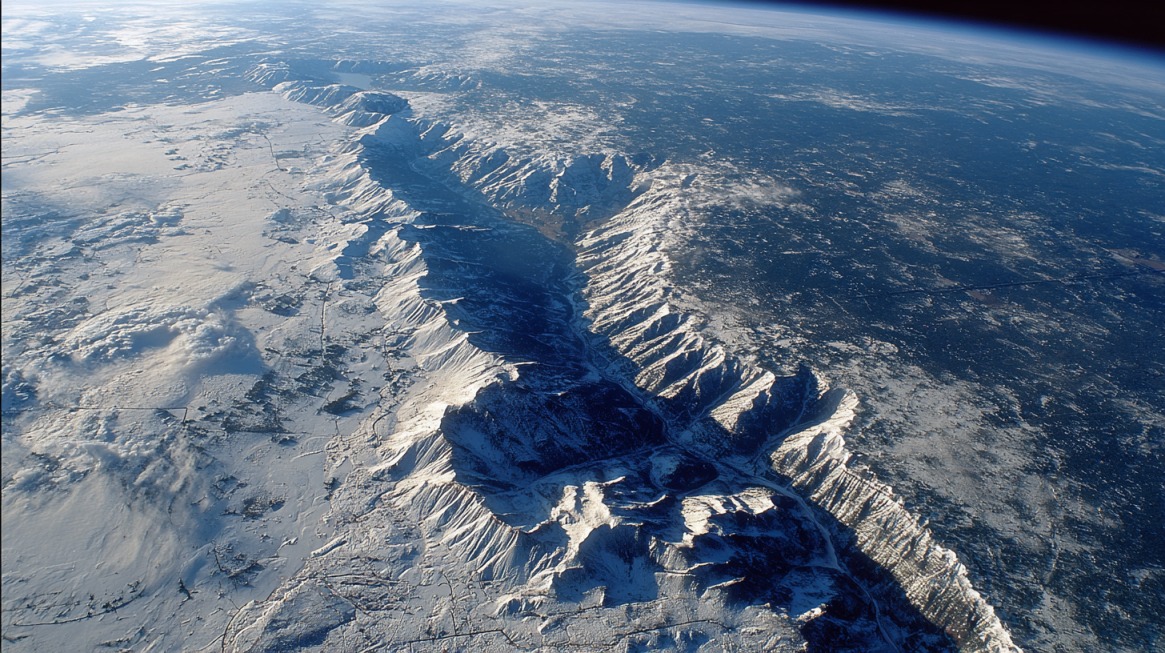 Aerial view of a long snow covered ridge and valley shaped by glaciers
