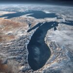 Aerial view of the Great Lakes and surrounding land shaped by ancient glaciers