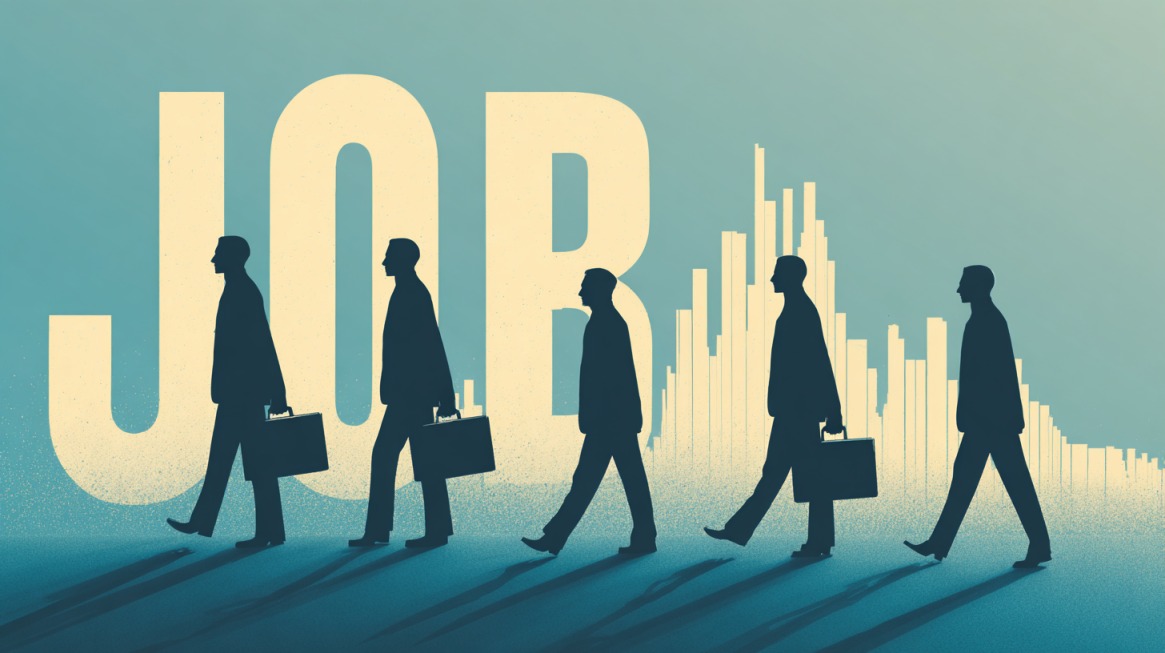 Silhouettes of professionals walking in front of large “JOB” text with a rising bar chart in the background