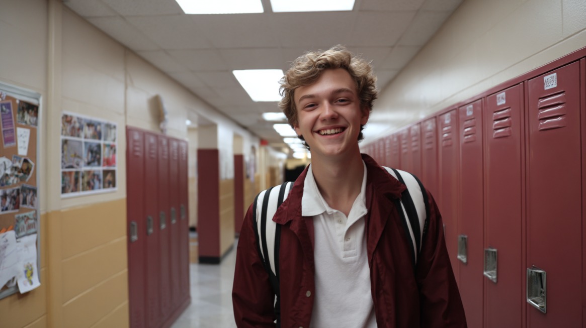 A smiling high school student standing in a hallway with lockers, wearing a backpack