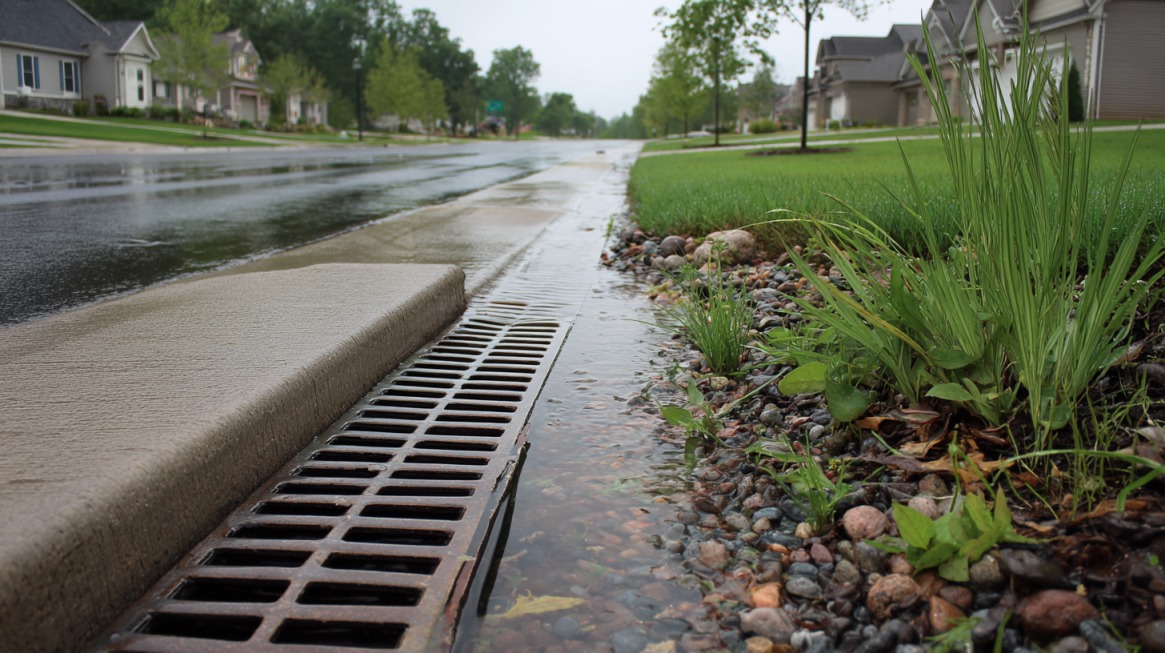 Rainwater flowing along a suburban street curb into a metal storm drain grate beside grass and landscaping