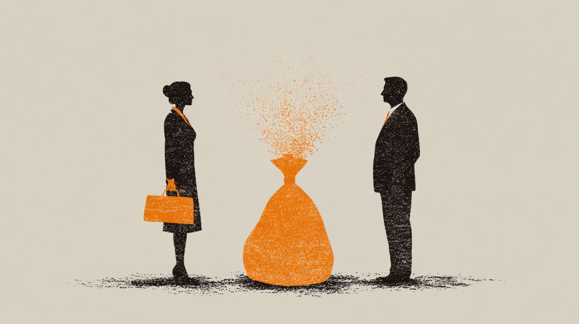 Illustration of two business professionals standing on opposite sides of a large money bag, symbolizing income differences or economic comparison