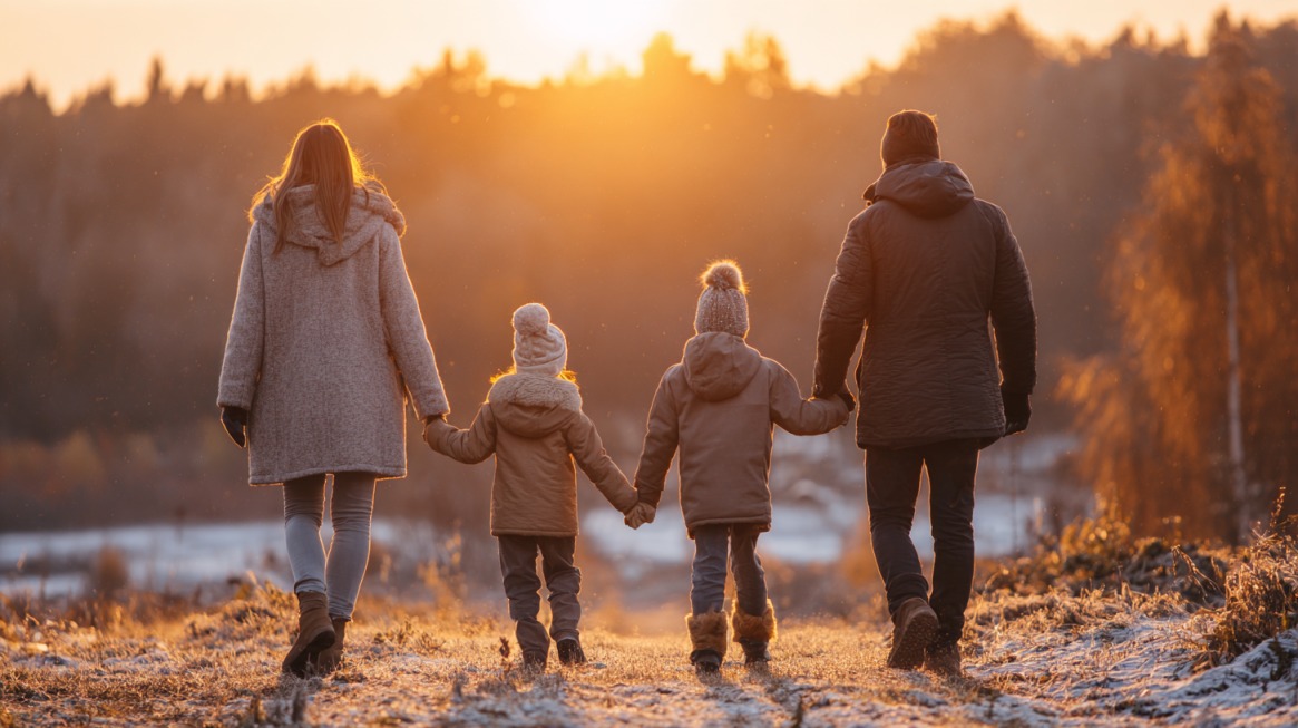 A family of four walking hand in hand through a scenic outdoor path at sunset