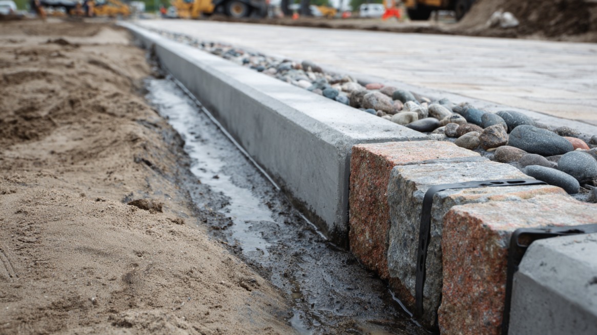 Newly installed concrete curb with decorative stone blocks and drainage channel along a construction site