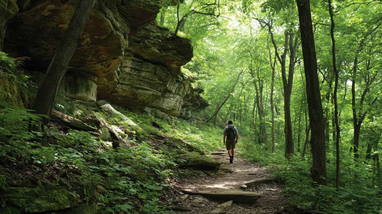 Hiker walking along a wooded trail beside rocky cliffs in a lush green forest