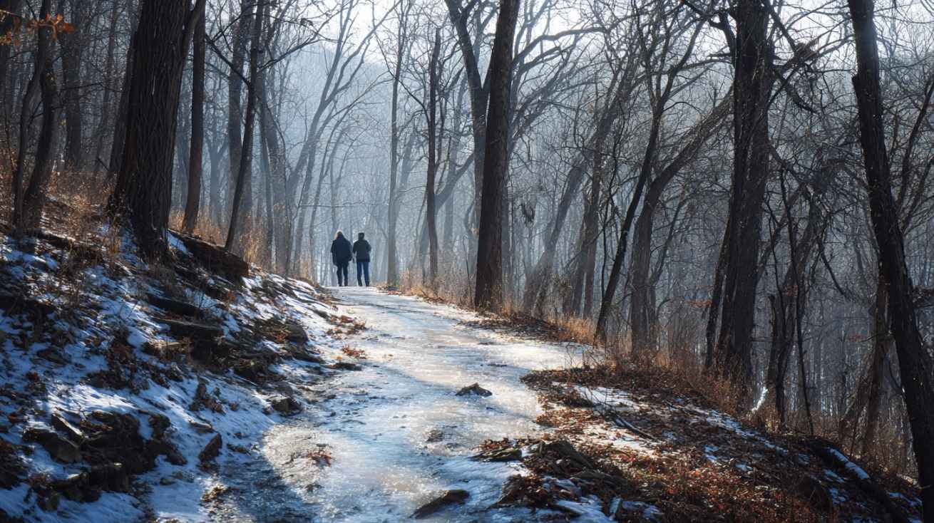 Two hikers walking on a snowy forest trail surrounded by bare trees in winter