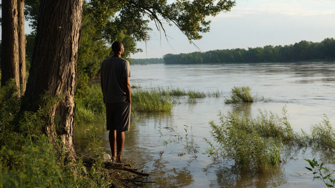 A person standing by the Mississippi River shoreline under trees, looking out over calm water and greenery