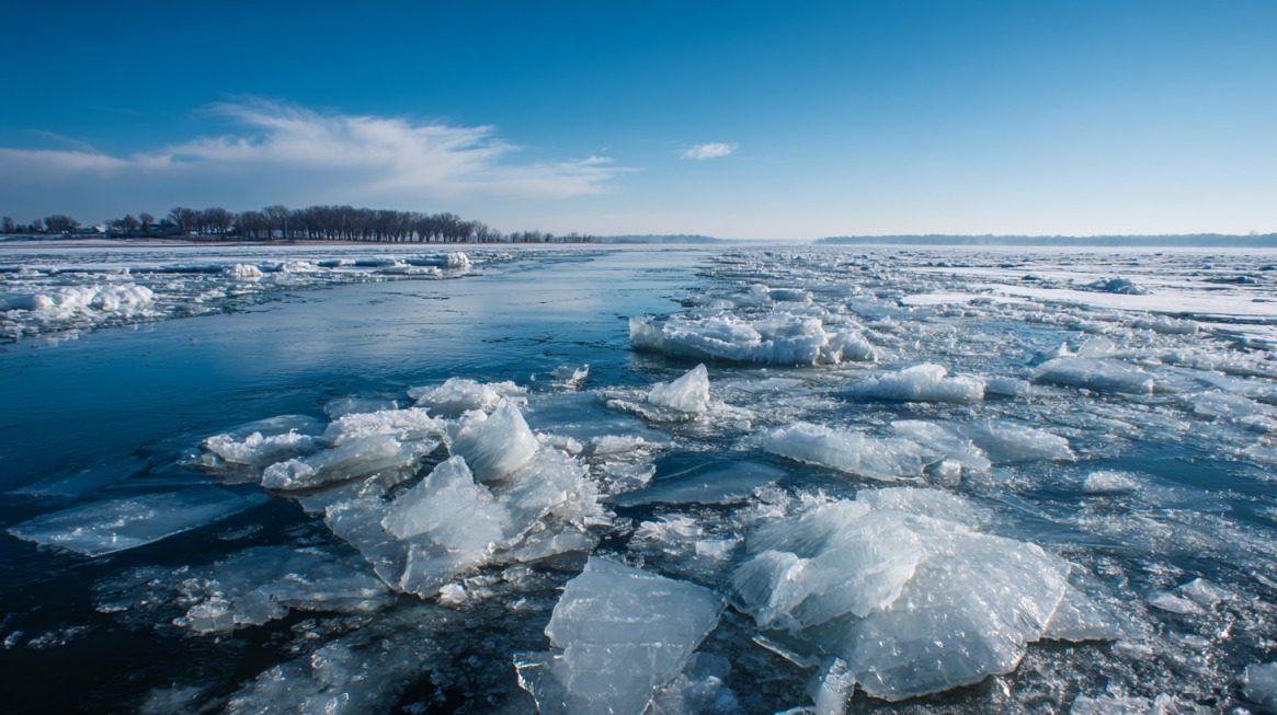 Frozen lake with large chunks of ice floating near a distant shoreline