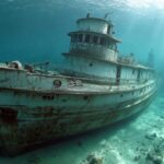 Sunken, rusted ship resting on the sandy lakebed with sunlight filtering through clear blue water
