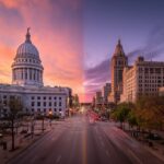 Split city view showing Madison with the Wisconsin State Capitol on one side and downtown Milwaukee buildings on the other