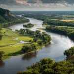 A wide aerial view of the Mississippi River winding through green forests, cliffs, and farmland
