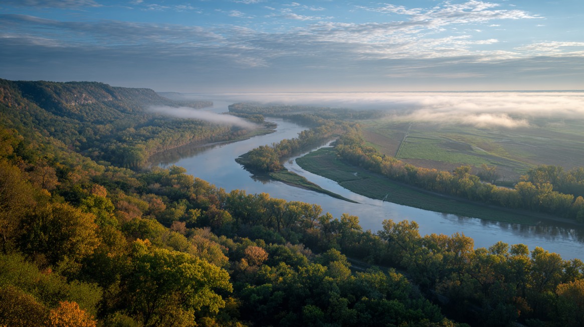 Aerial view of the Mississippi River winding through forested bluffs and farmland with morning fog over the valley