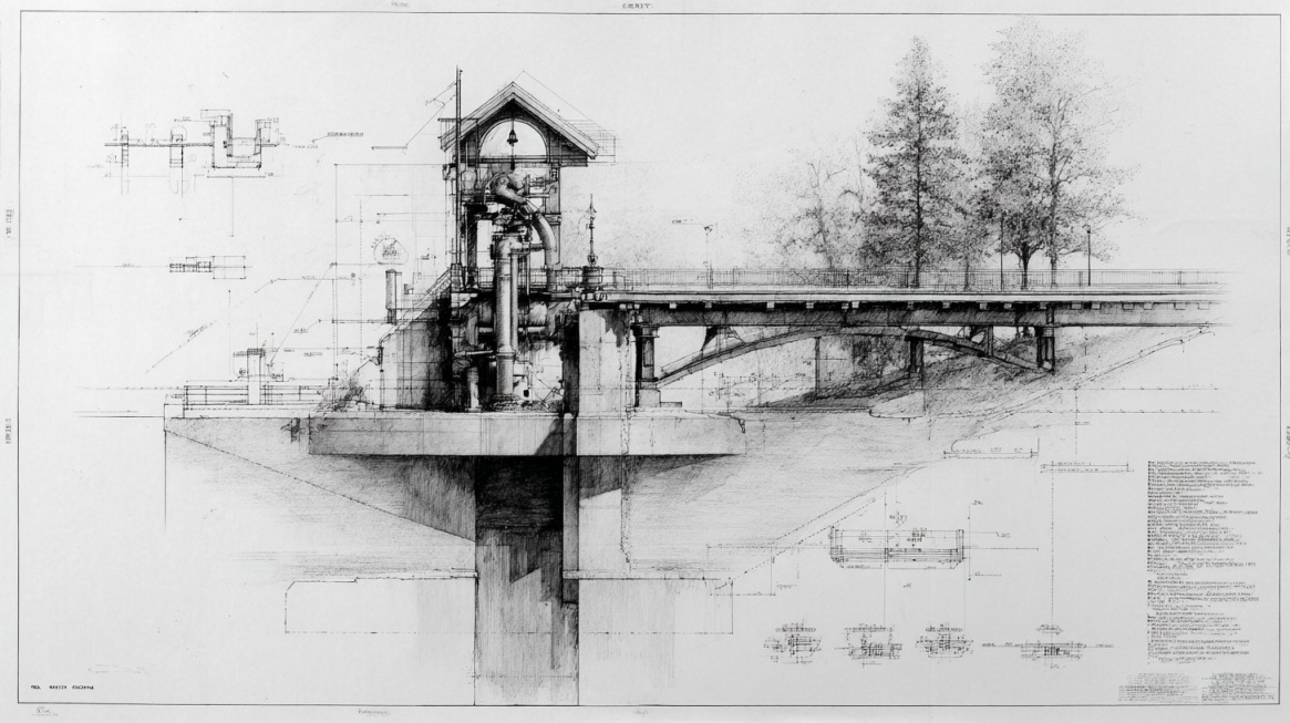 Technical cross-section drawing of a bridge with a small control house and water infrastructure beneath the roadway